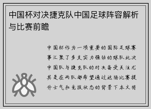 中国杯对决捷克队中国足球阵容解析与比赛前瞻